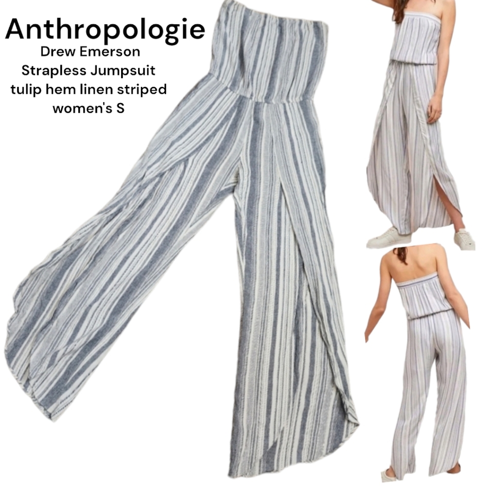Anthropologie linen Drew Emerson Strapless Jumpsuit tulip hem striped women's S